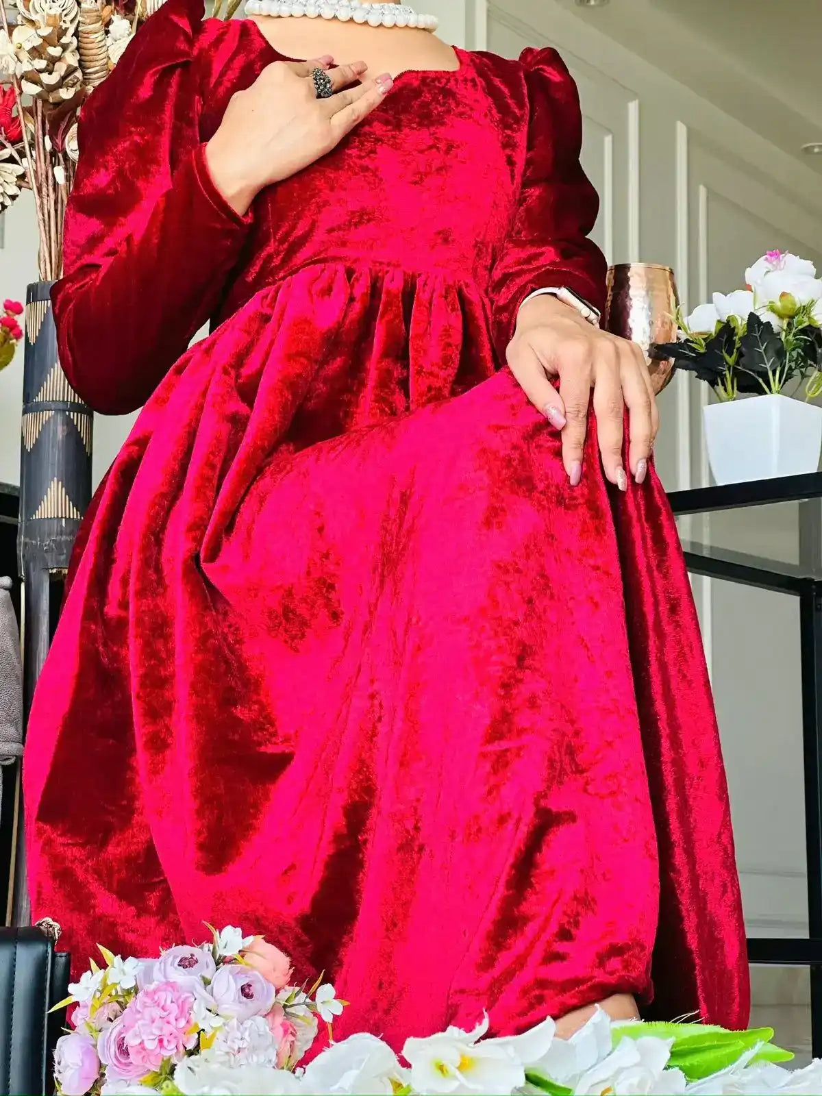 Sparkling Maroon Velvet Twirl Dress