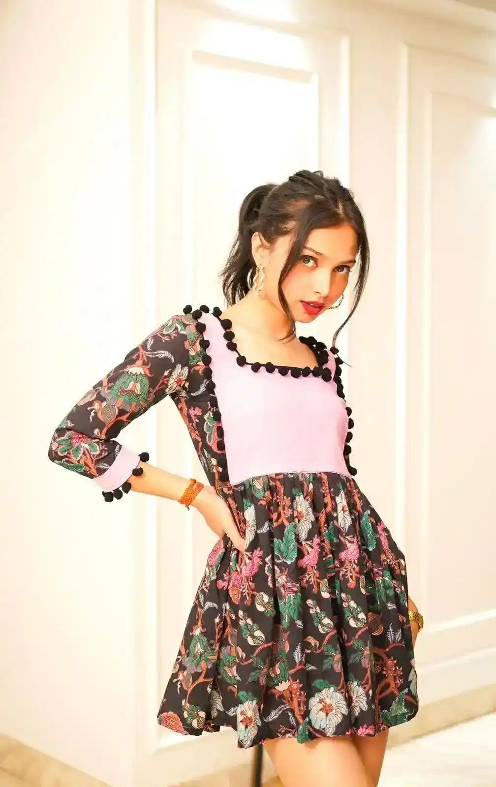 Black Kalamkari Pompom Peplum Top