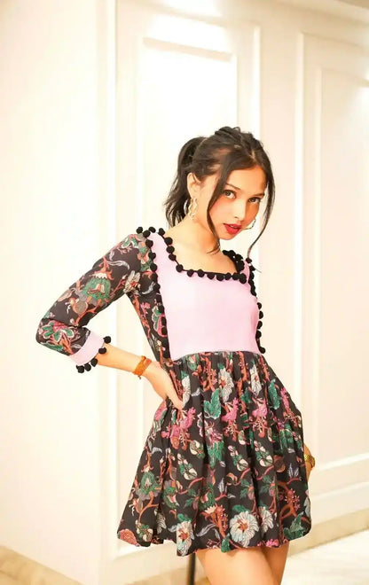 Black Kalamkari Pompom Peplum Top