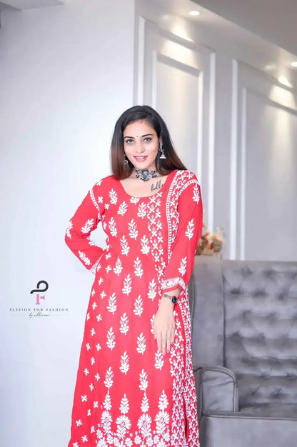 Scarlet Red Meher Chikan Embroidered Anarkali