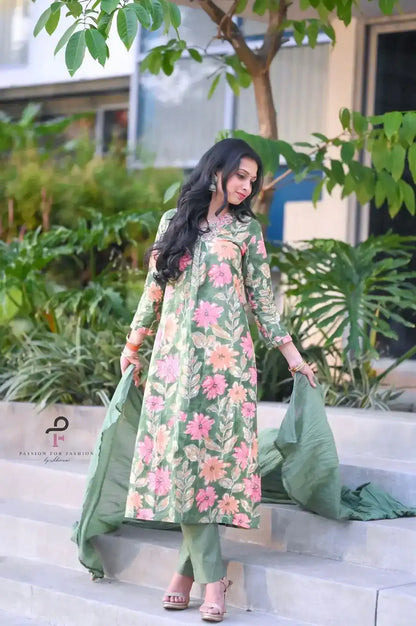 Meher Green Embroidered Floral Suit Set