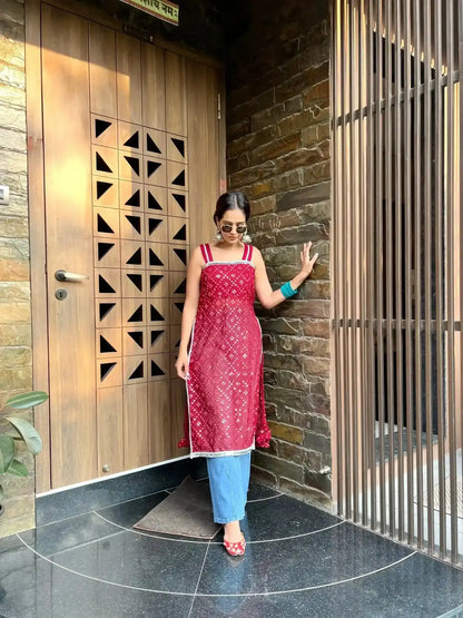 Swati's Scarlet Maroon Mirror Gulnaz Kurta - Passion for Fashion by Shivani